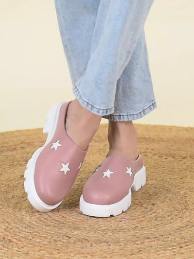 Women Peach Laser Cut Star Open Back Height Enhancer Slip On Casual Shoes