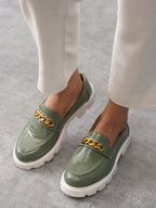women pista green patent leather shiny chain buckle classic casual slip on loafer shoes
