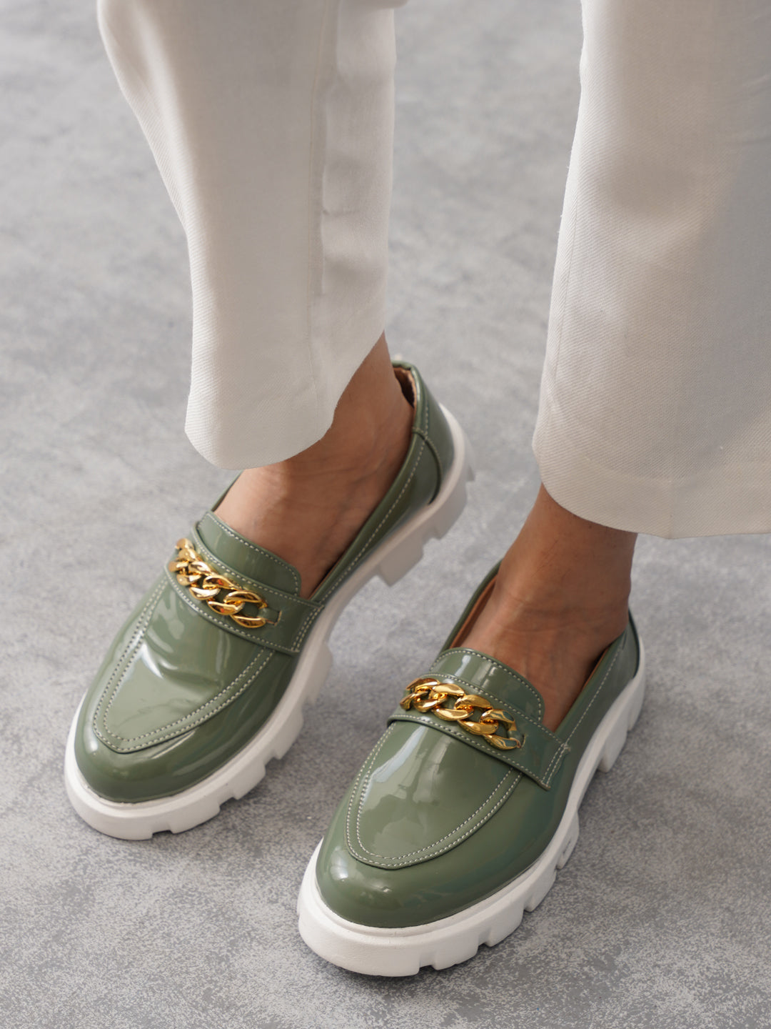 women pista green patent leather shiny chain buckle classic casual slip on loafer shoes