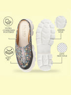 Shop Women Black Stiched Floral Print Back Open Height Enhancer Slip On Casual Shoes Online.