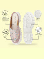 Shop Women Peach Stiched Floral Print Back Open Height Enhancer Slip On Casual Shoes Online.