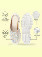 Women White Stiched Floral Print Back Open Height Enhancer Slip On Casual Shoes