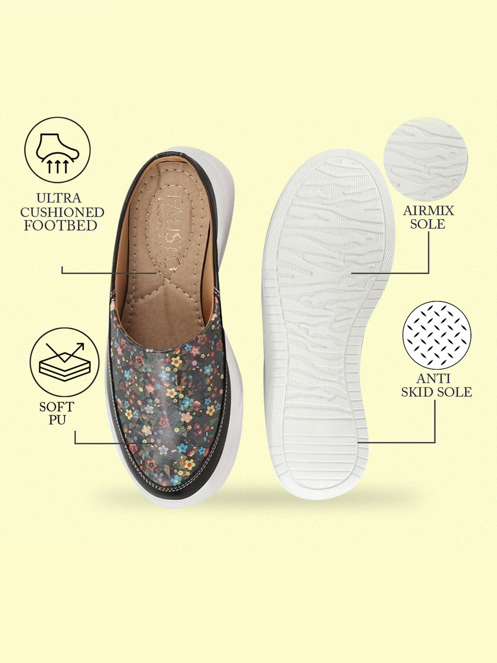 Shop Women Black Stiched Floral Print Back Open Height Enhancer Flatform Heel Slip On Casual Shoes Online.