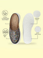 Shop Women Black Stiched Floral Print Back Open Height Enhancer Flatform Heel Slip On Casual Shoes Online.
