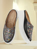 Women Black Stiched Floral Print Back Open Height Enhancer Flatform Heel Slip On Casual Shoes