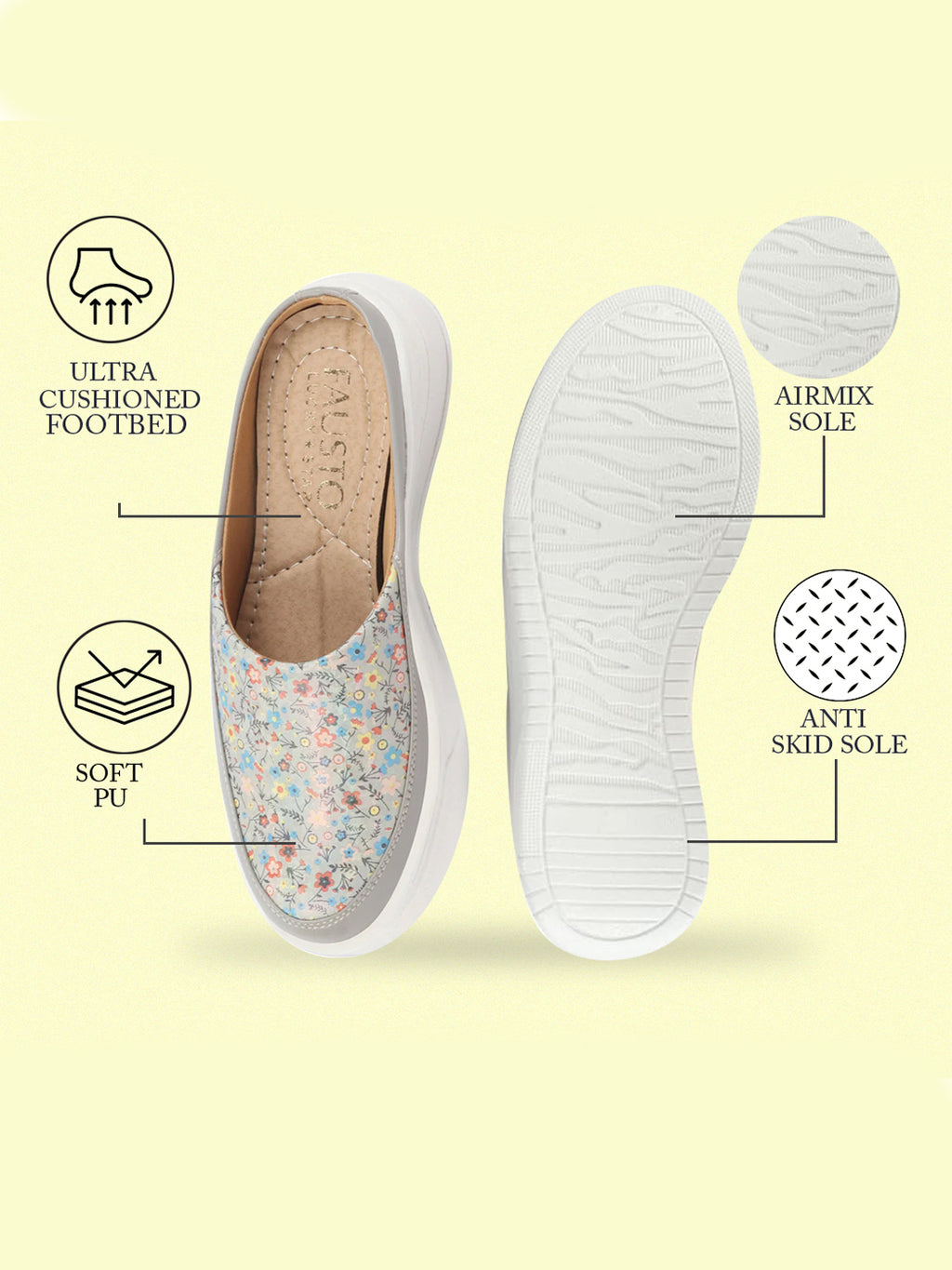 Shop Women Grey Stiched Floral Print Back Open Height Enhancer Flatform Heel Slip On Casual Shoes Online.
