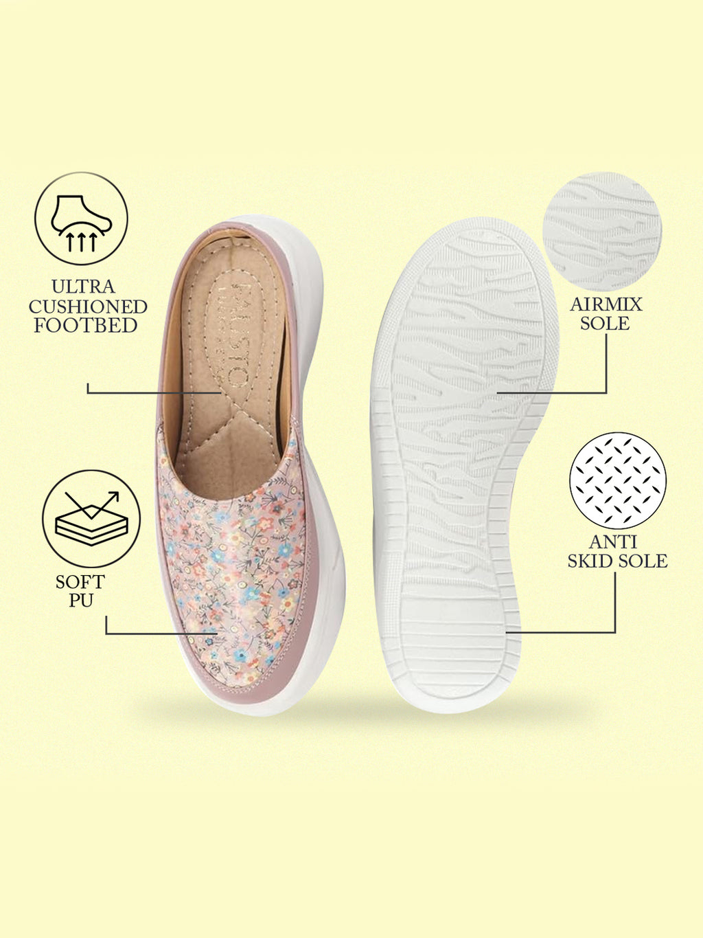 Shop Women Peach Stiched Floral Print Back Open Height Enhancer Flatform Heel Slip On Casual Shoes Online.
