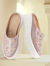 Women Peach Stiched Floral Print Back Open Height Enhancer Flatform Heel Slip On Casual Shoes