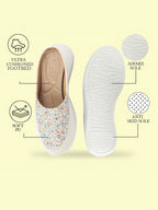 Shop Women White Stiched Floral Print Back Open Height Enhancer Flatform Heel Slip On Casual Shoes Online.