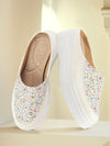 Women White Stiched Floral Print Back Open Height Enhancer Flatform Heel Slip On Casual Shoes