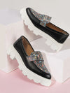 Women Black Stiched Floral Print Classic Weekend Party Slip On Casual Shoes