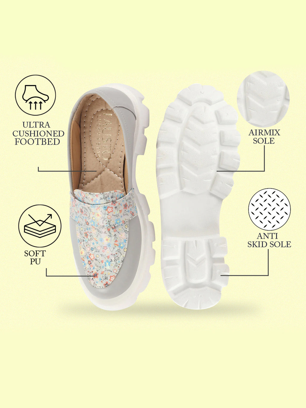 Shop Women Grey Stiched Floral Print Classic Weekend Party Slip On Casual Shoes Online.