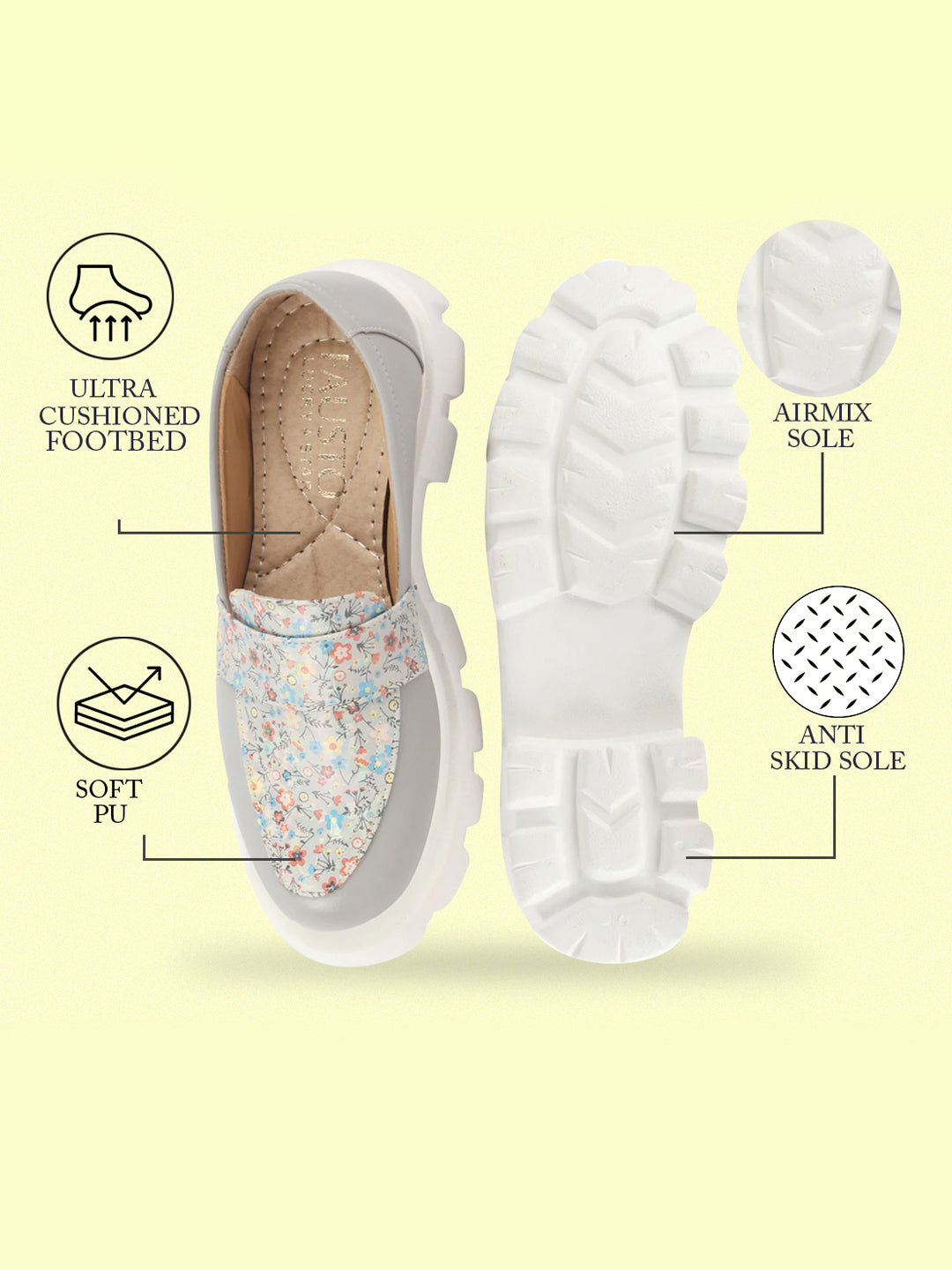 Shop Women Grey Stiched Floral Print Classic Weekend Party Slip On Casual Shoes Online.
