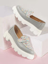 Women Grey Stiched Floral Print Classic Weekend Party Slip On Casual Shoes