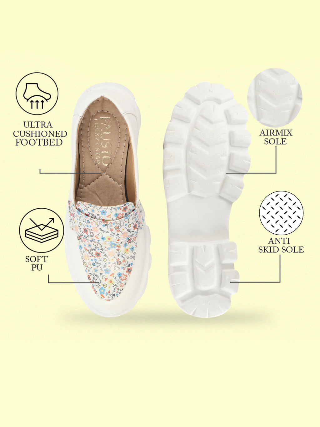 Shop Women White Stiched Floral Print Classic Weekend Party Slip On Casual Shoes Online.