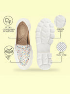 Shop Women White Stiched Floral Print Classic Weekend Party Slip On Casual Shoes Online.