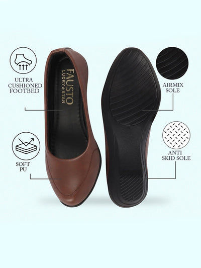 Women Brown Formal Platform Wedge Heel Slip On Ballerina Shoes