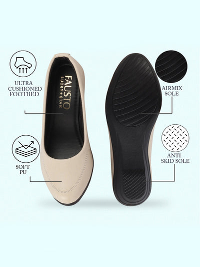 Women Cream Formal Platform Wedge Heel Slip On Ballerina Shoes
