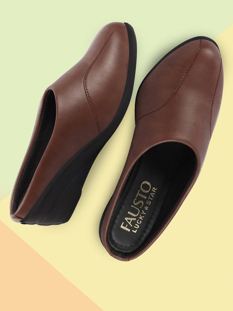 Shop Women Brown Formal Back Open Platform Wedge Heel Slip On Mule Shoes Online.
