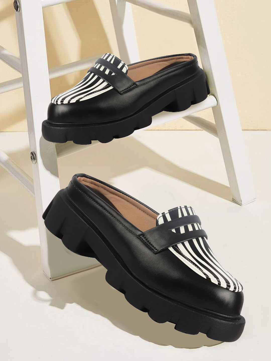 women black stiched zebra striped print back open party slip on casual shoes