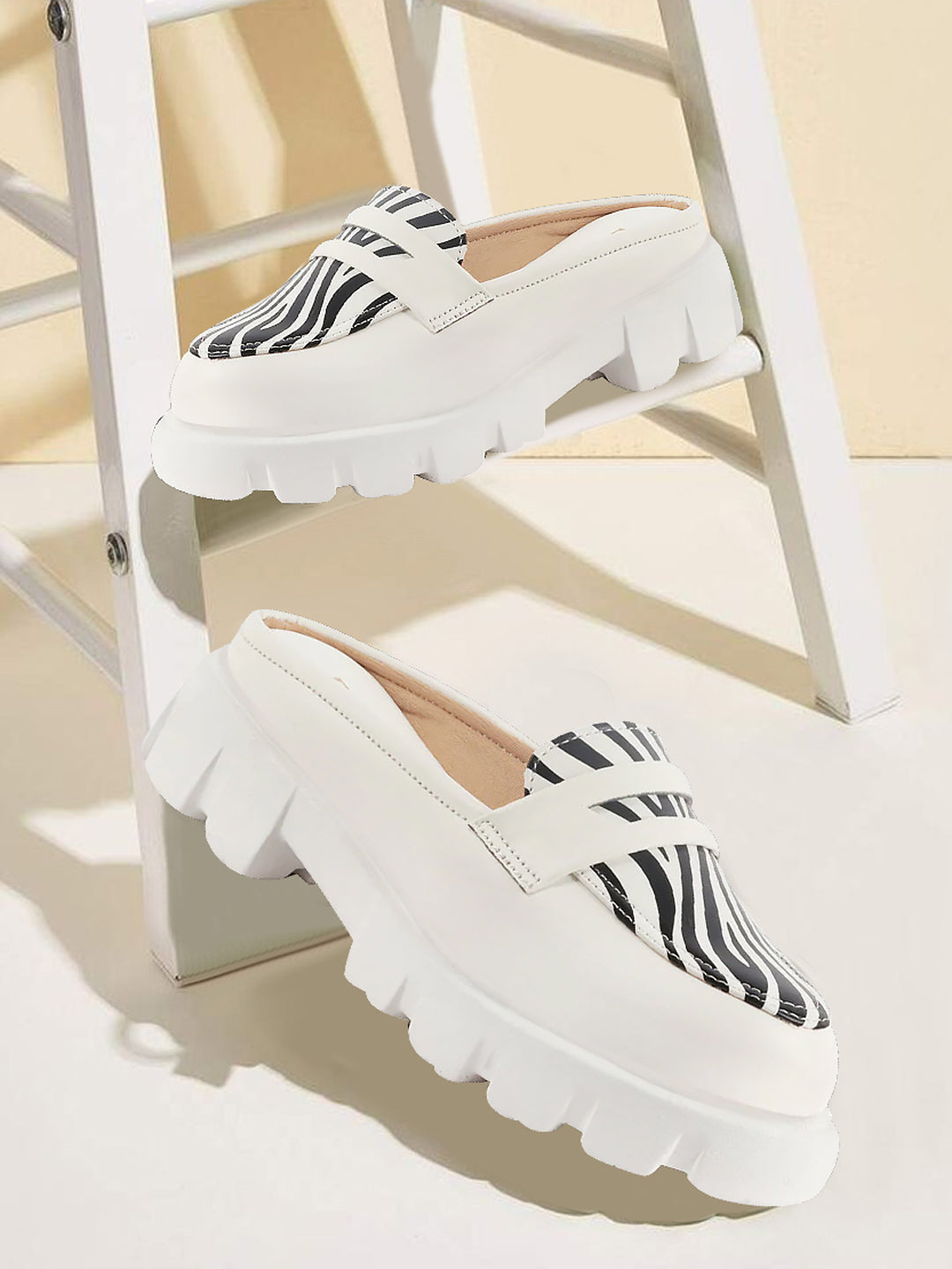 Shop Women White Stiched Zebra Striped Print Back Open Party Slip On Casual Shoes Online.