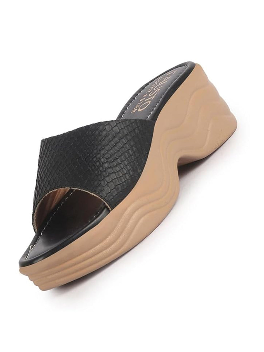 Women Black Open Toe Textured Strap Wedge Heel Sandal With Cushioned Footbed|Platform Sandal For Party|Festive|Wedding