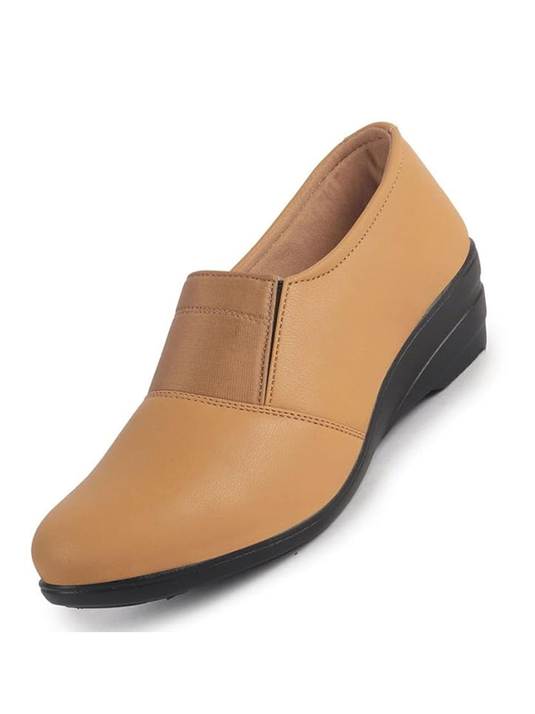 Women Tan Classic Formal Slip On Shoes | Platform Heel Shoe for Office Meeting Events | Easy Pull On Shoes with All Day Comfort