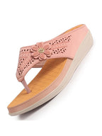 Women Pink Laser Cut Bloom Embellished Orthopedic Slip-On Wedge Sandals | Casual Slippers | Summer Party Flip-Flops With Arch Support For Daily Use