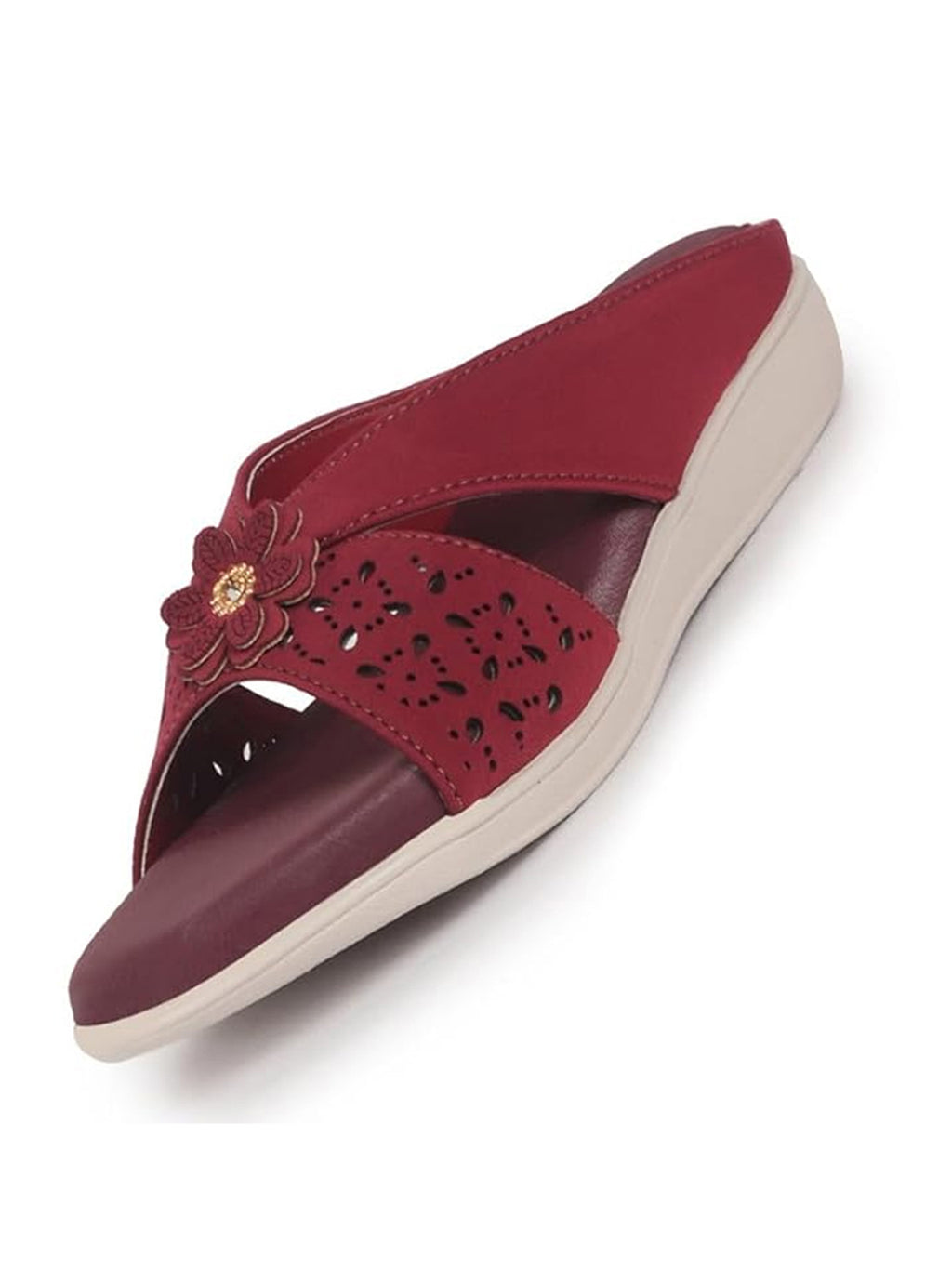 Women Maroon Elegant Floral Cut-Out Slip-On Wedge Sandals | Comfort Arch Support Summer Slides For Daily Use | Casual & Party Wear Orthopedic Slippers