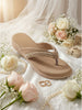 Women Khaki Elegant Embellished Shimmery Wedding T-Strap Flat Slip On Slippers|Soft Cushioned Footbed|Party, Reception, Festive