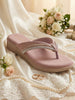 Women Pink Elegant Embellished Shimmery Wedding T-Strap Flat Slip On Slippers|Soft Cushioned Footbed|Party, Reception, Festive