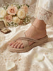 Women Khaki Embellished Shimmery Cross Strap Toe Ring Wedding Slip On Slippers|Soft Cushioned Footbed Wedge Sandals|Party, Mehndi, Festive