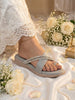 Women Light Grey Embellished Shimmery Cross Strap Toe Ring Wedding Slip On Slippers|Soft Cushioned Footbed Wedge Sandals|Party, Mehndi, Festive