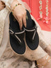 Women Black Embellished Wedding Slip-On Flats with Bow Design Studded T-Strap|Ethnic Wedge Sandals with Cushioned Insole|Party, Festive