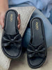 Women Black Open Toe Bow Design Slip On Sliders | Extra Comfort Cushioned Insole Slippers | Classic Flat Sandals for All Day Long