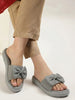 Women Grey Open Toe Bow Design Slip On Sliders | Extra Comfort Cushioned Insole Slippers | Classic Flat Sandals for All Day Long