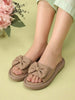 Women Tan Open Toe Bow Design Slip On Sliders | Extra Comfort Cushioned Insole Slippers | Classic Flat Sandals for All Day Long