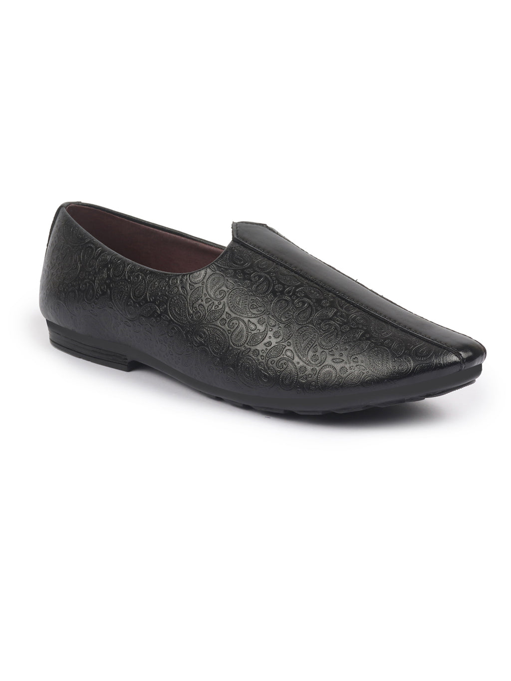 Shop Basics Men Black Textured Floral Prints Slip On Ethnic Juttis and Mojaris Online.