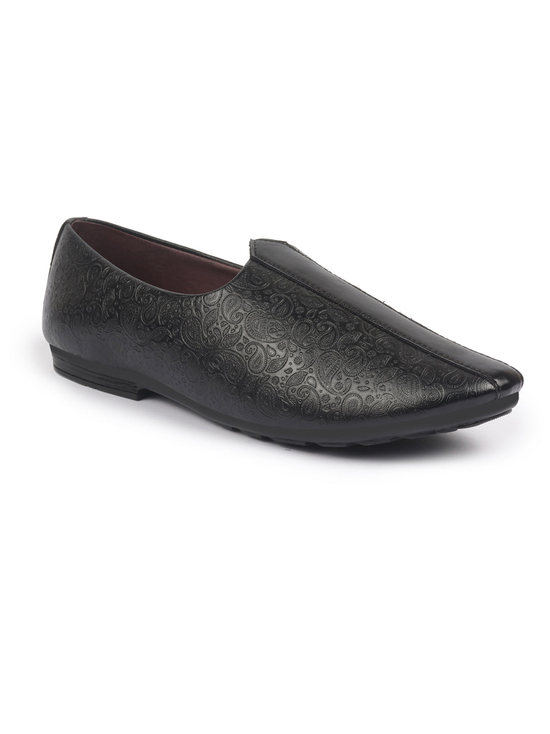 Shop Basics Men Black Textured Floral Prints Slip On Ethnic Juttis and Mojaris Online.