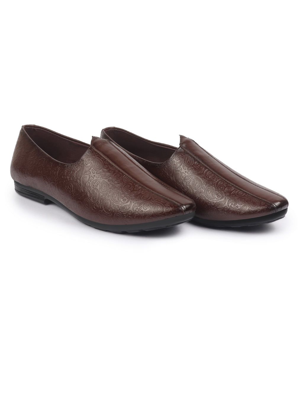 Shop Basics Men Brown Textured Floral Prints Slip On Ethnic Juttis and Mojaris Online.