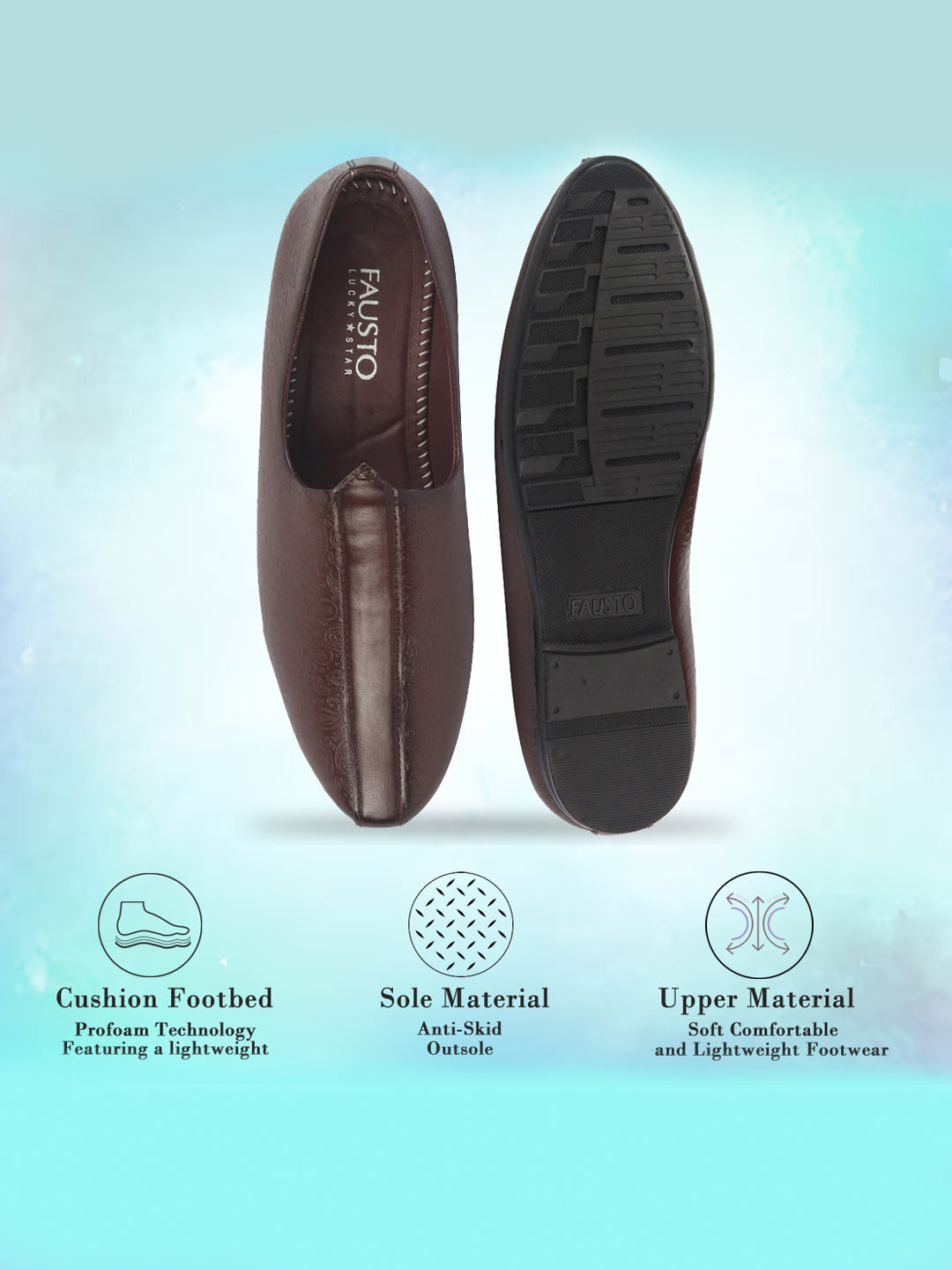 Shop Basics Men Brown Textured Floral Prints Slip On Ethnic Juttis and Mojaris Online.