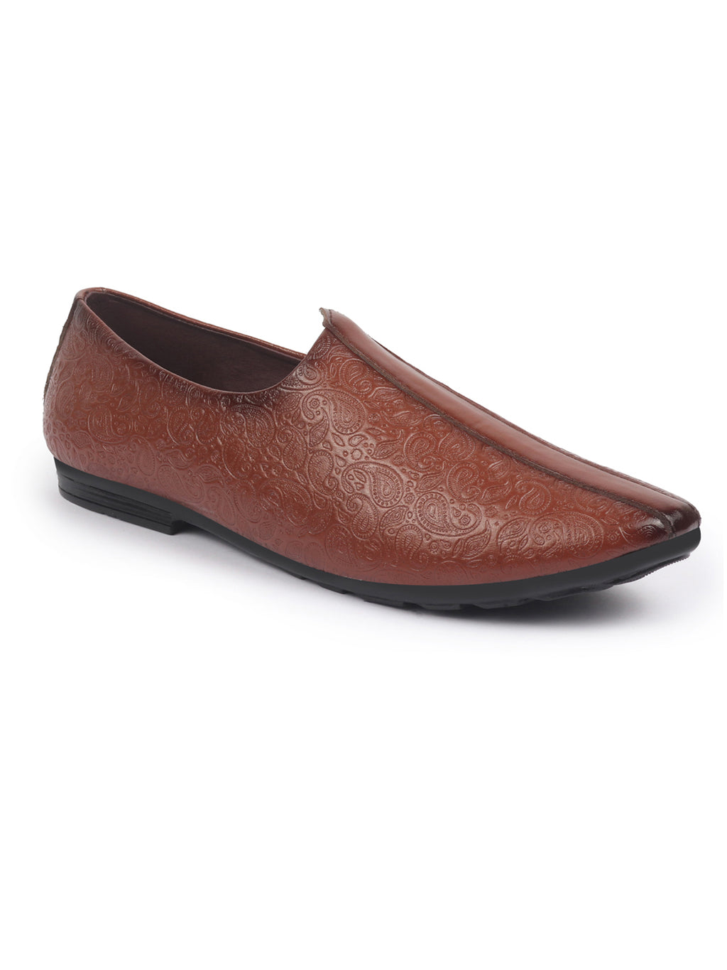 Shop Basics Men Tan Textured Floral Prints Slip On Ethnic Juttis and Mojaris Online.