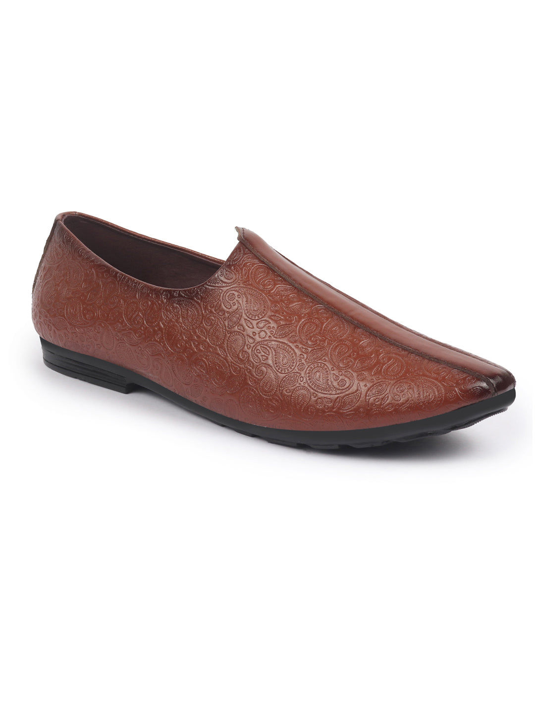 Shop Basics Men Tan Textured Floral Prints Slip On Ethnic Juttis and Mojaris Online.
