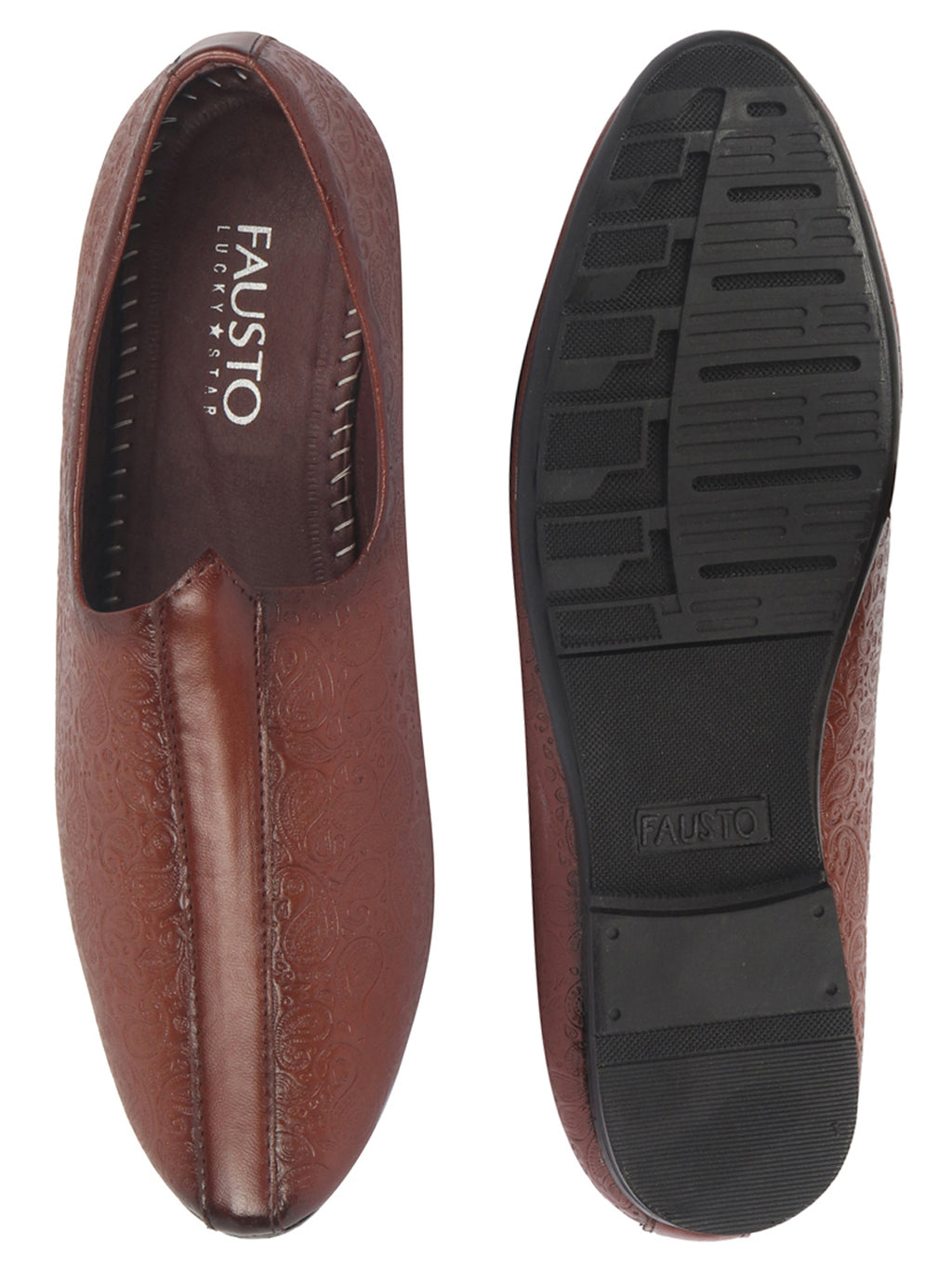Shop Basics Men Tan Textured Floral Prints Slip On Ethnic Juttis and Mojaris Online.