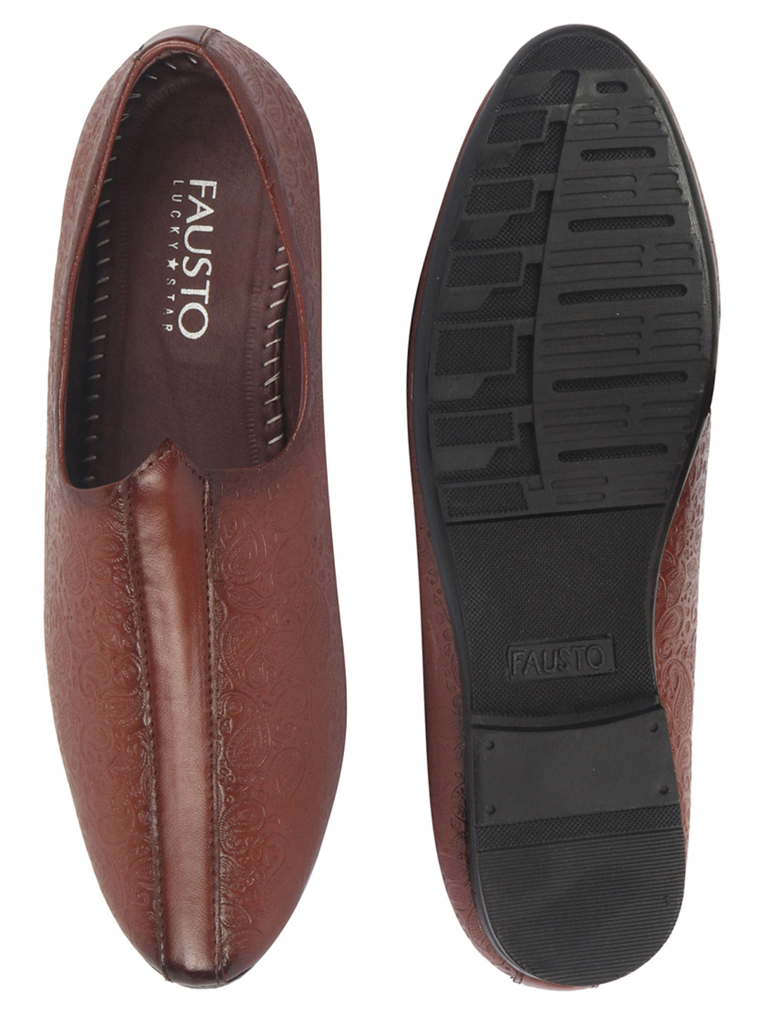 Shop Basics Men Tan Textured Floral Prints Slip On Ethnic Juttis and Mojaris Online.