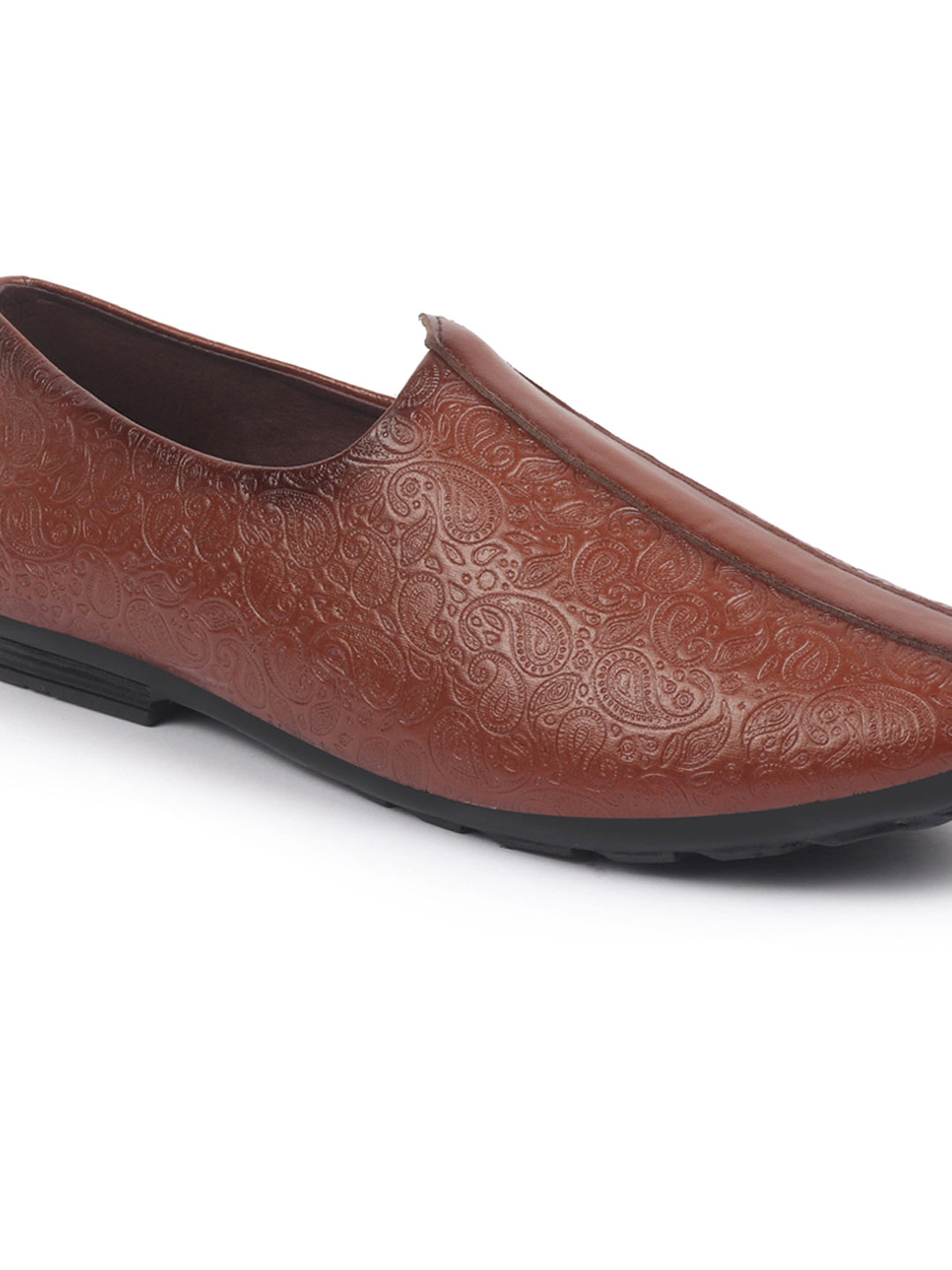Shop Basics Men Tan Textured Floral Prints Slip On Ethnic Juttis and Mojaris Online.