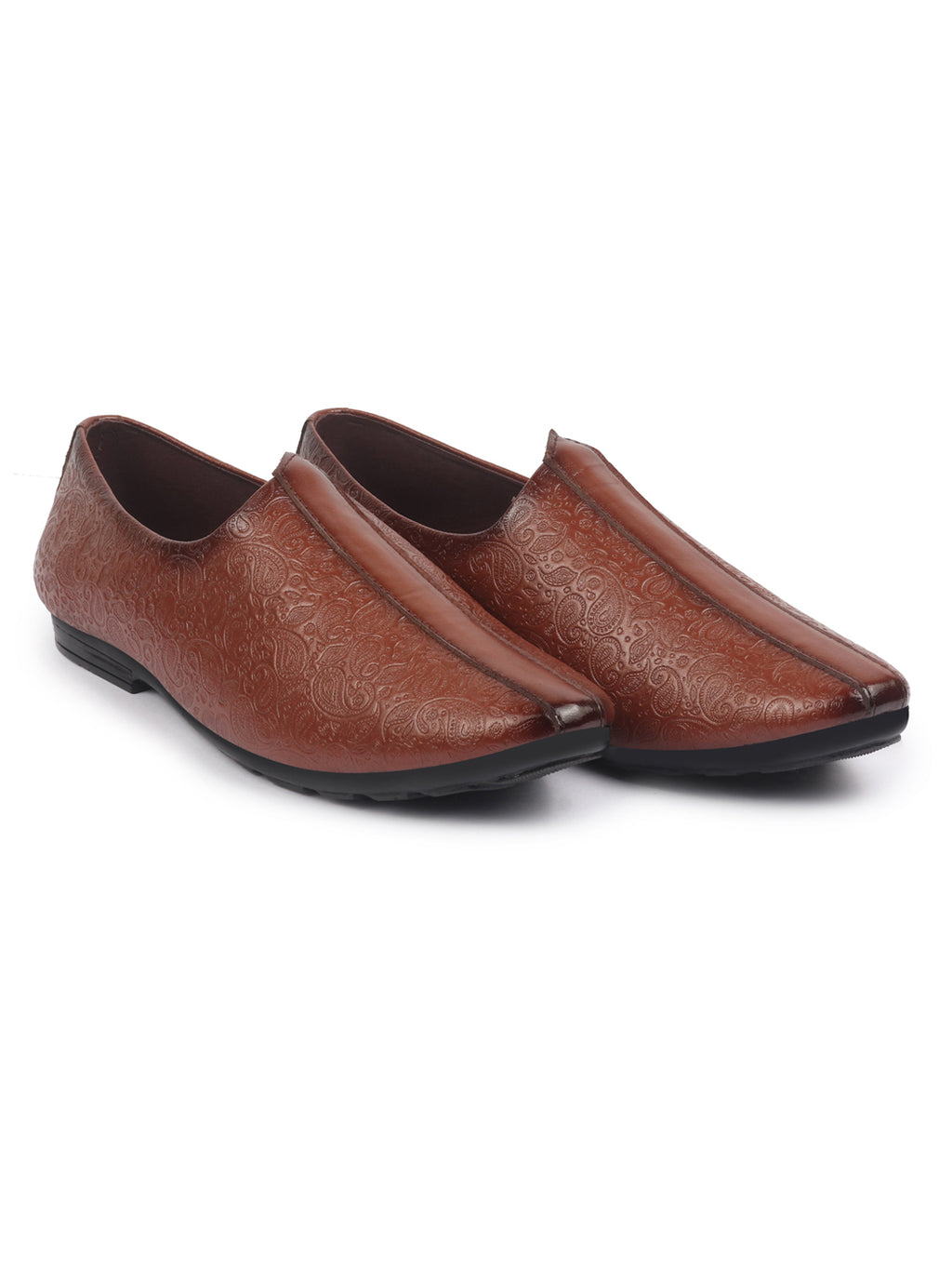 Shop Basics Men Tan Textured Floral Prints Slip On Ethnic Juttis and Mojaris Online.