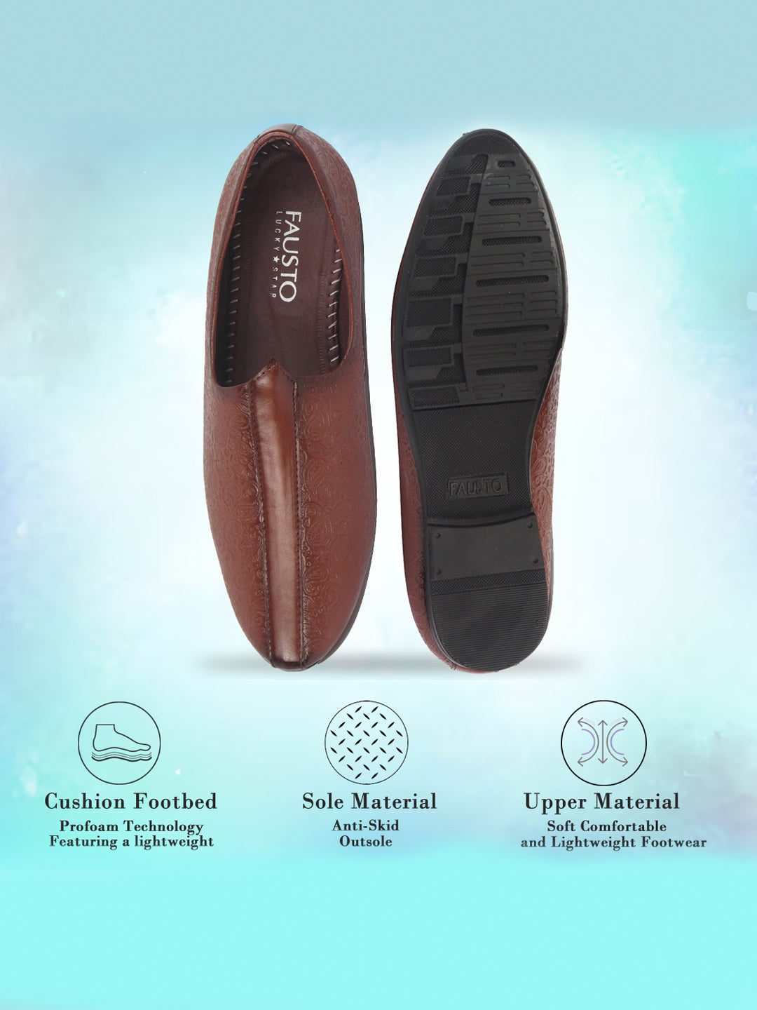 Shop Basics Men Tan Textured Floral Prints Slip On Ethnic Juttis and Mojaris Online.