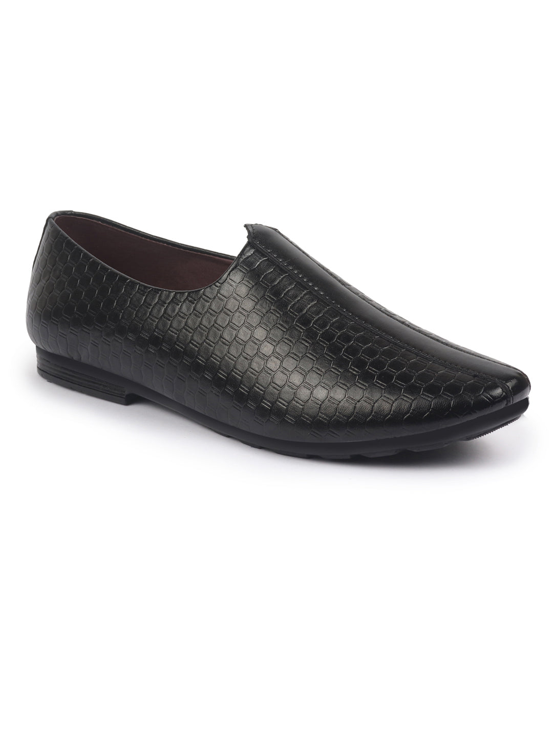 Shop Basics Men Black Embossed Design Ethnic Slip On Juttis and Mojaris Online.
