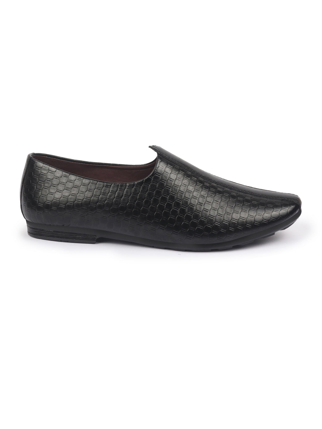 Shop Basics Men Black Embossed Design Ethnic Slip On Juttis and Mojaris Online.